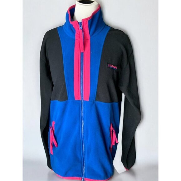 Columbia Fleece Jacket Black Blue Pink Full Zip Long Sleeve Mock Neck Small - Picture 2 of 8